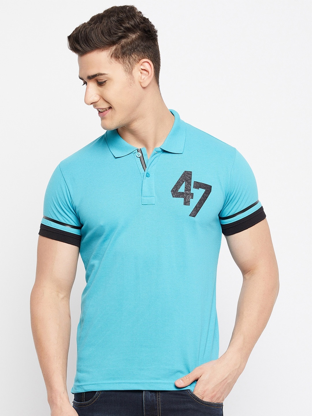

Duke Men Blue & Black Typography Polo Collar Cotton Slim Fit T-shirt