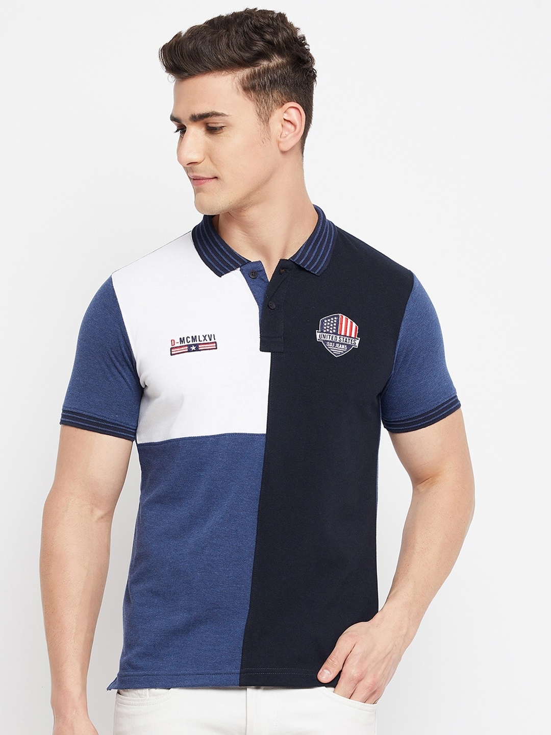 

Duke Men Navy Blue & White Colourblocked Polo Collar Cotton Slim Fit T-shirt