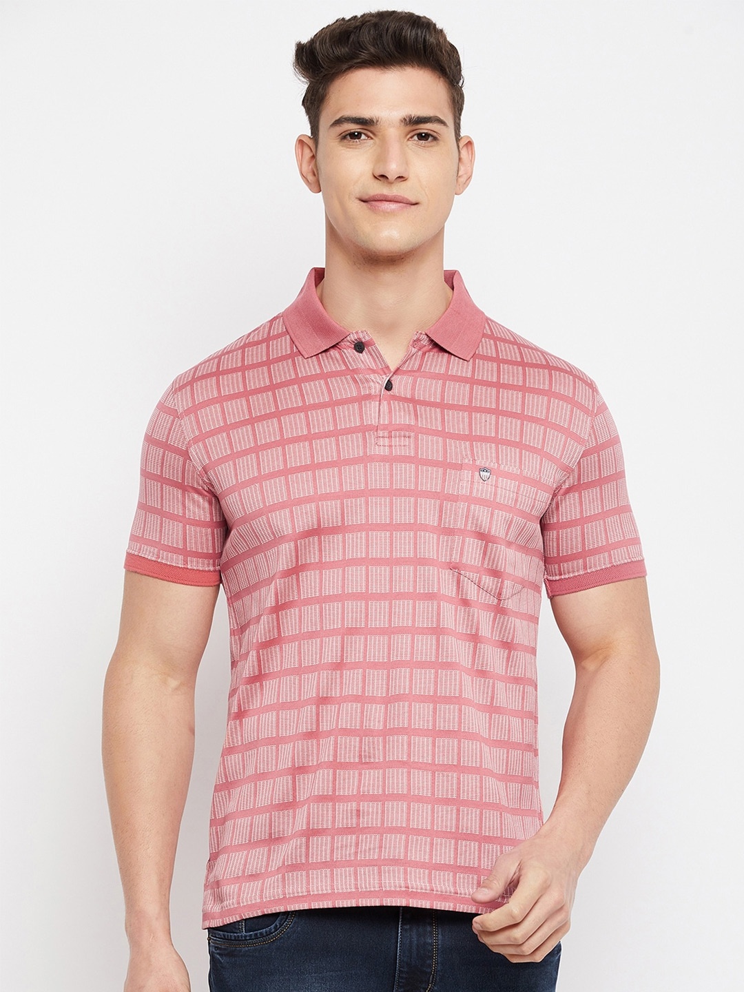 

Duke Men Pink & White Checked Polo Collar Cotton T-shirt
