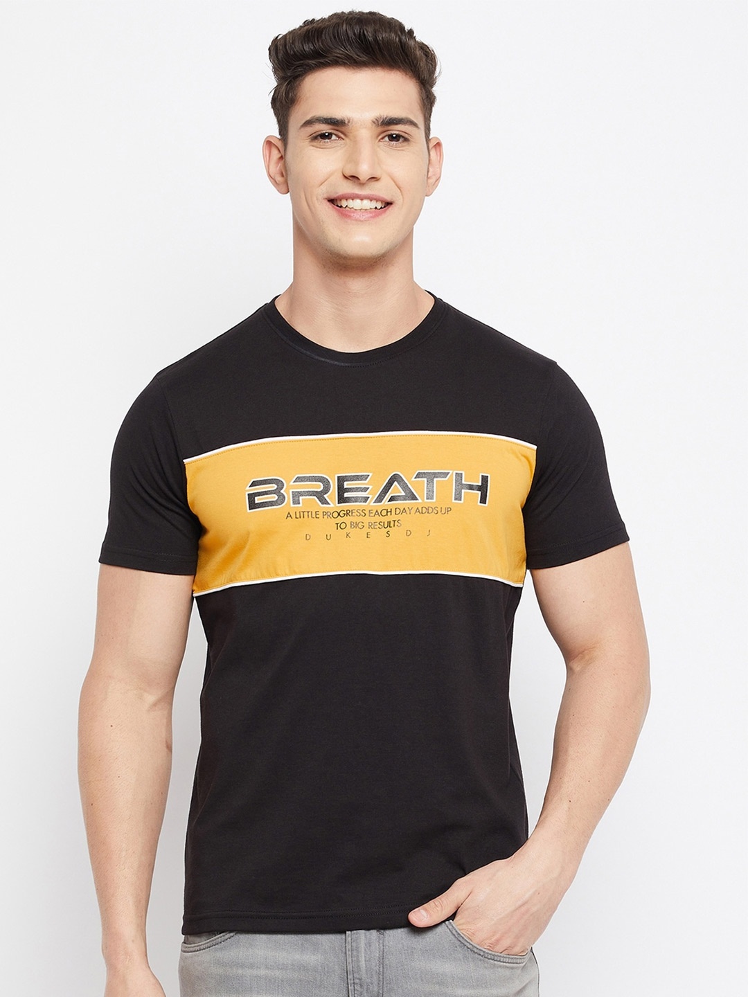 

Duke Men Black & Yellow Typography Printed Cotton T-shirt