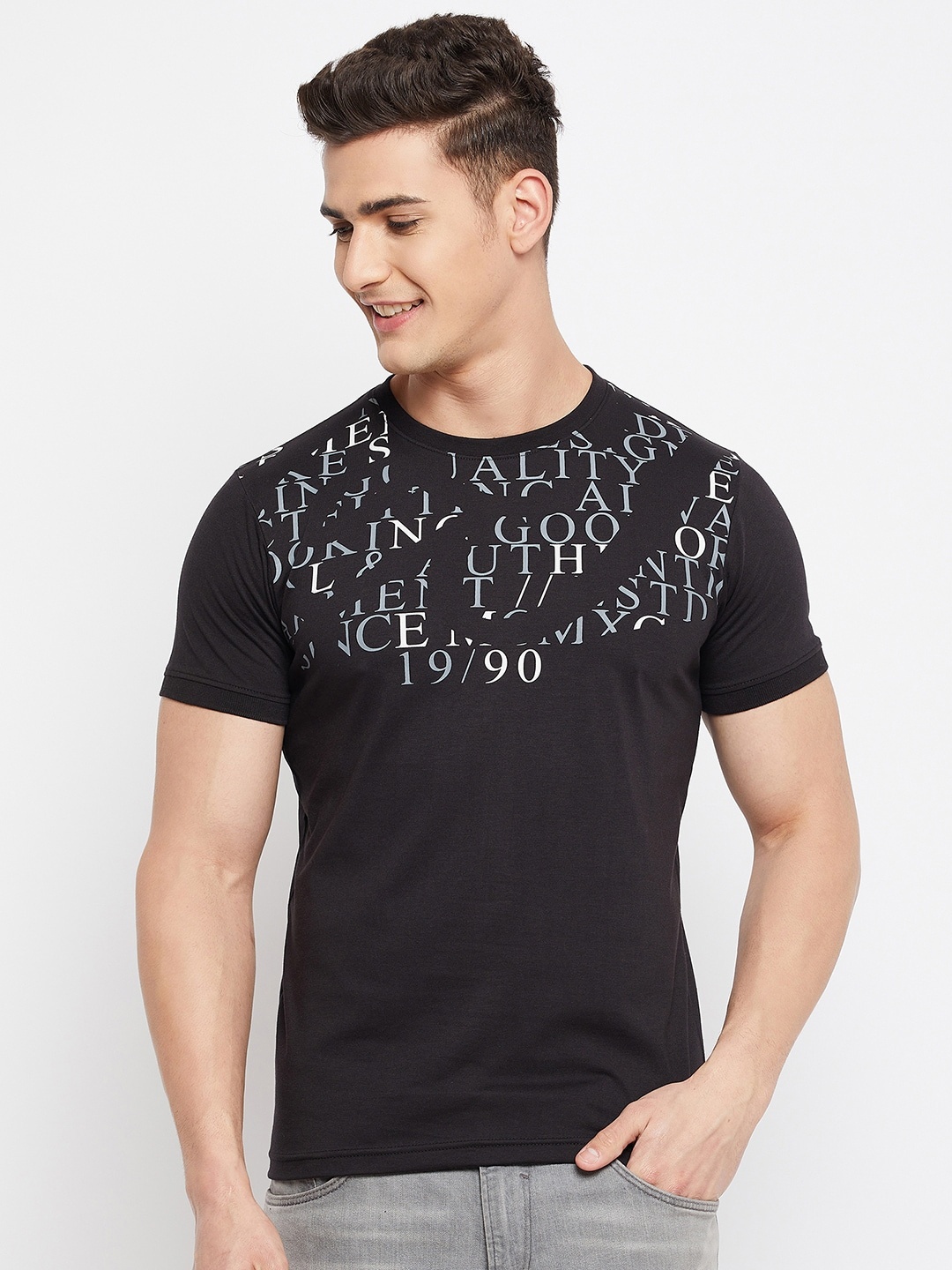 

Duke Men Black & Grey Typography Printed Cotton T-shirt