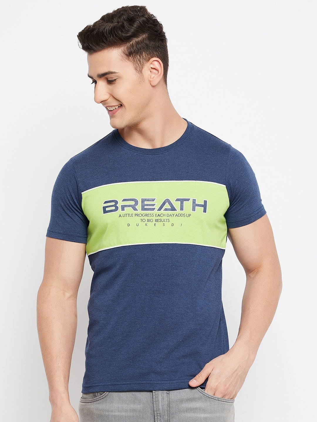 

Duke Men Blue & Lime Green Colourblocked Cotton T-shirt