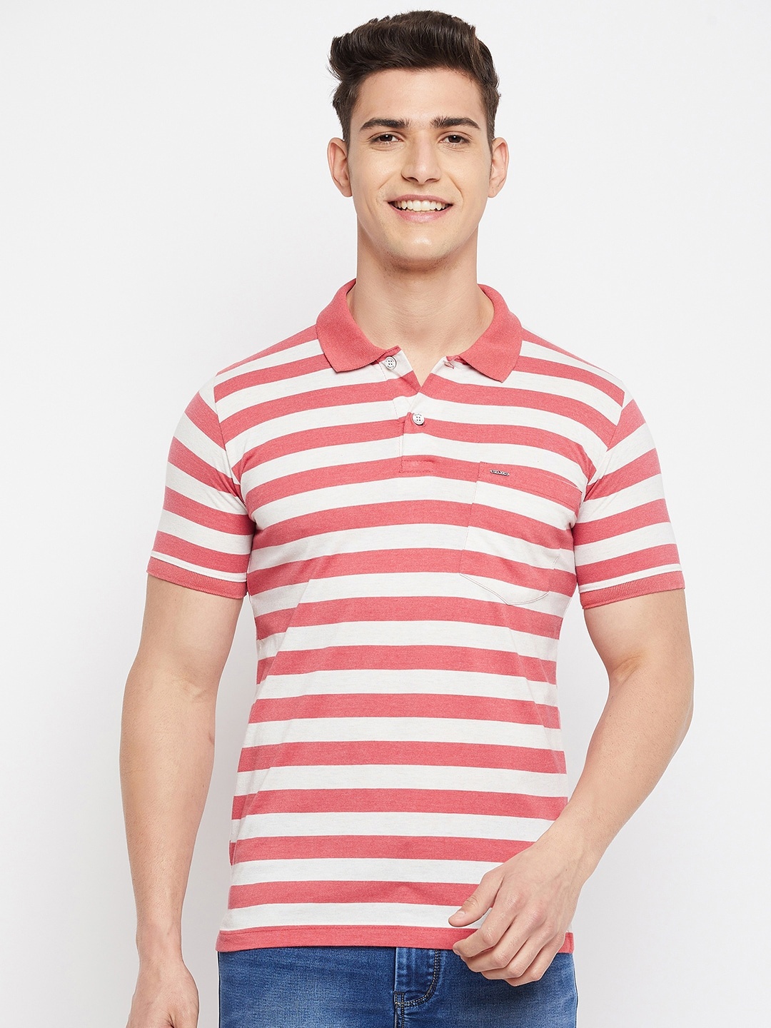 

Duke Men Pink & White Striped Polo Collar Cotton Slim Fit T-shirt