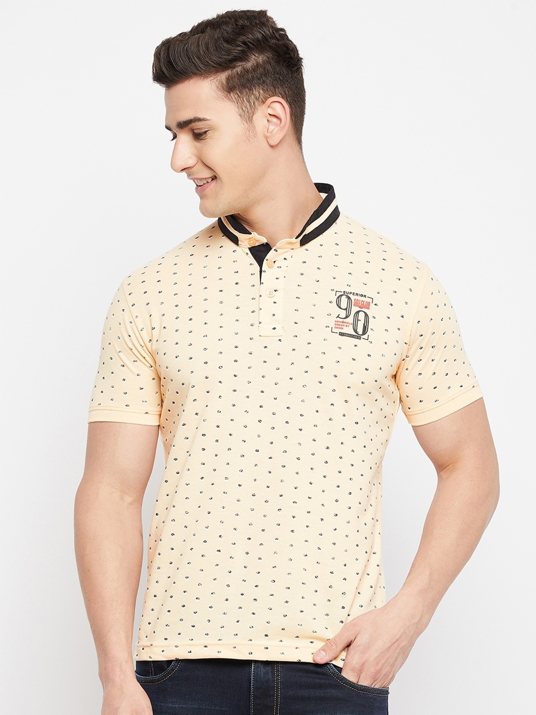 

Duke Men Yellow & Black Printed Mandarin Collar Cotton Slim Fit T-shirt