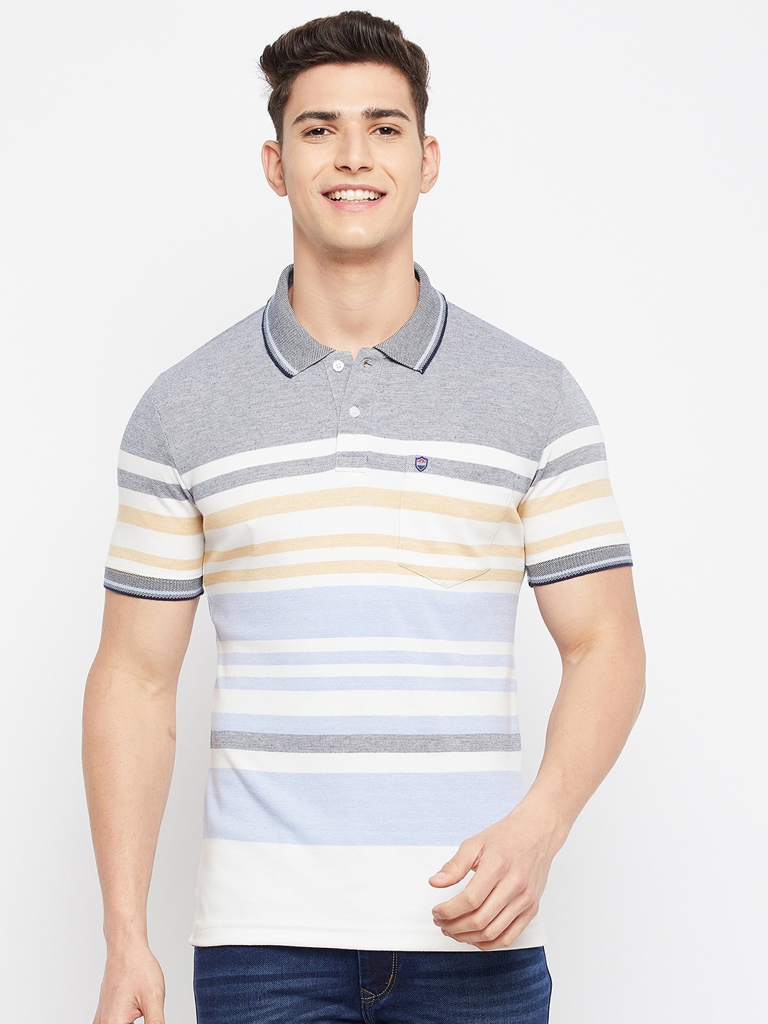 

Duke Men Grey & White Striped Polo Collar Cotton T-shirt