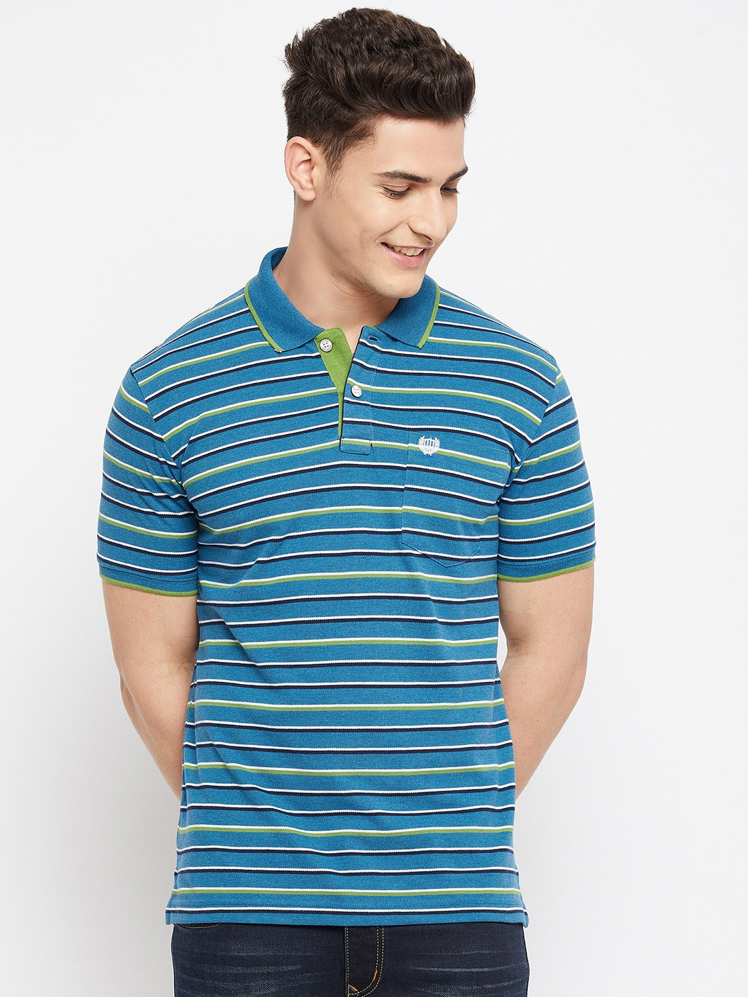

Duke Men Blue Striped Polo Collar Cotton Slim Fit T-shirt