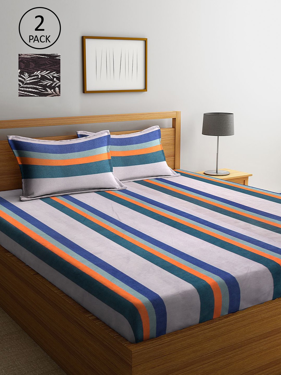 

KLOTTHE Grey & Blue Striped 210 TC 2 King Bedsheet with 4 Pillow Covers