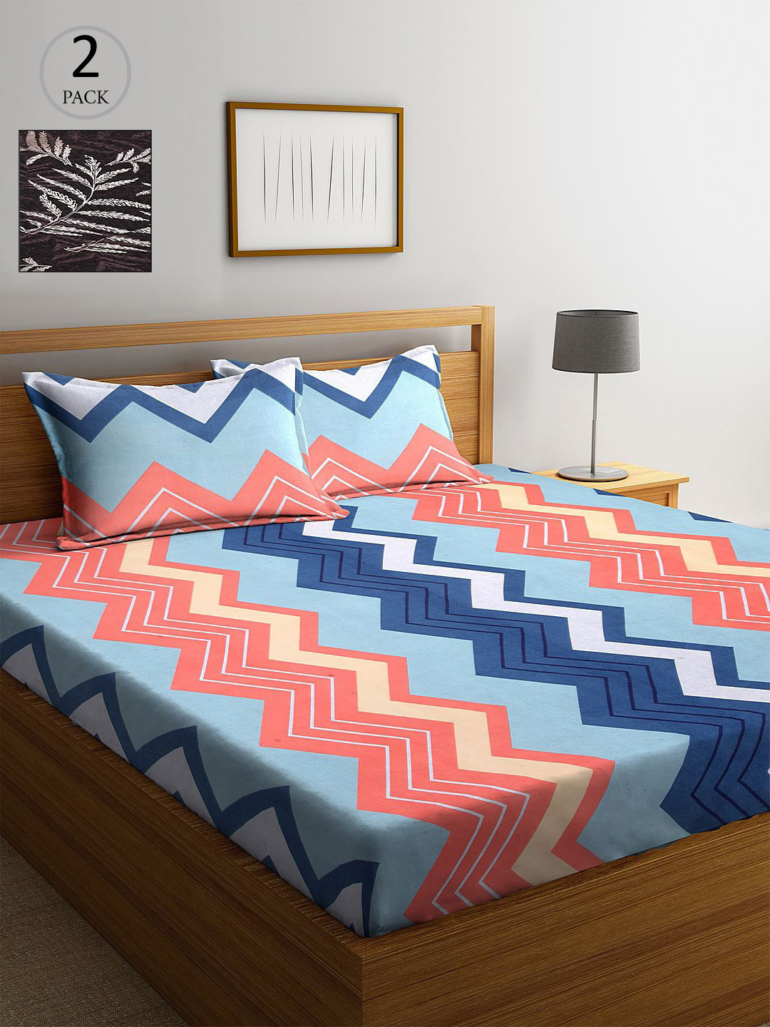 

KLOTTHE Blue & Coffee Brown Geometric 210 TC 2 King Bedsheet with 4 Pillow Covers