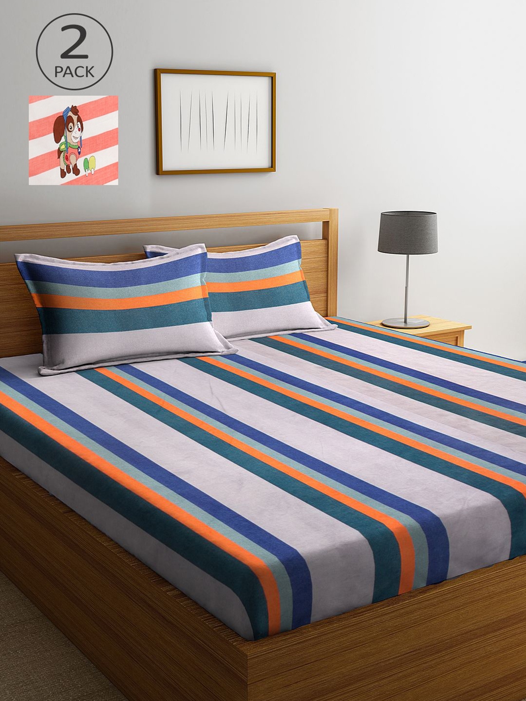 

KLOTTHE Peach-Coloured & Blue Striped 210 TC 2 King Bedsheet with 4 Pillow Covers