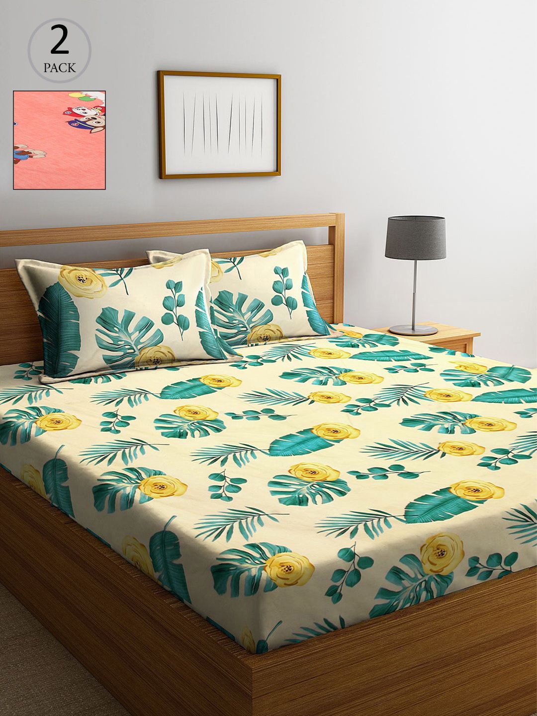 

KLOTTHE Yellow & Pink Floral 210 TC Set Of 2 King Bedsheet with 4 Pillow Covers