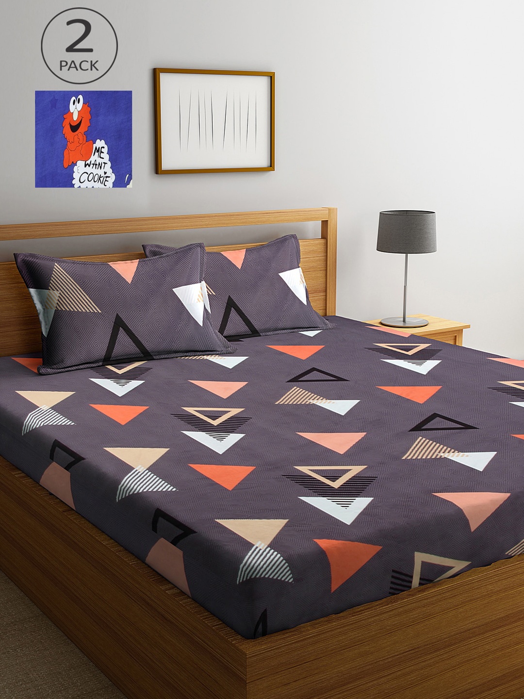 

KLOTTHE Charcoal & Blue Geometric 210 TC 2 King Bedsheet with 4 Pillow Covers