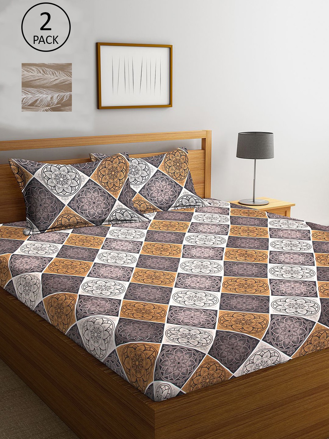 

KLOTTHE Camel Brown & White Floral 210 TC 2 King Bedsheet with 4 Pillow Covers