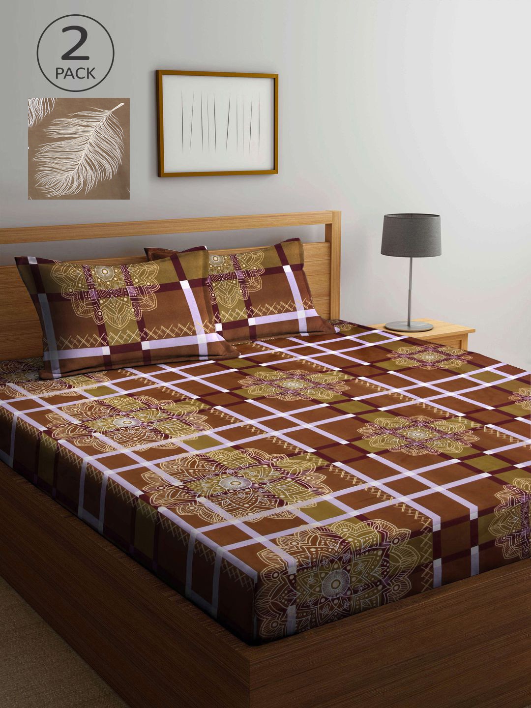 

KLOTTHE Brown & Tan Ethnic Motifs 210 TC 2 King Bedsheet with 4 Pillow Covers