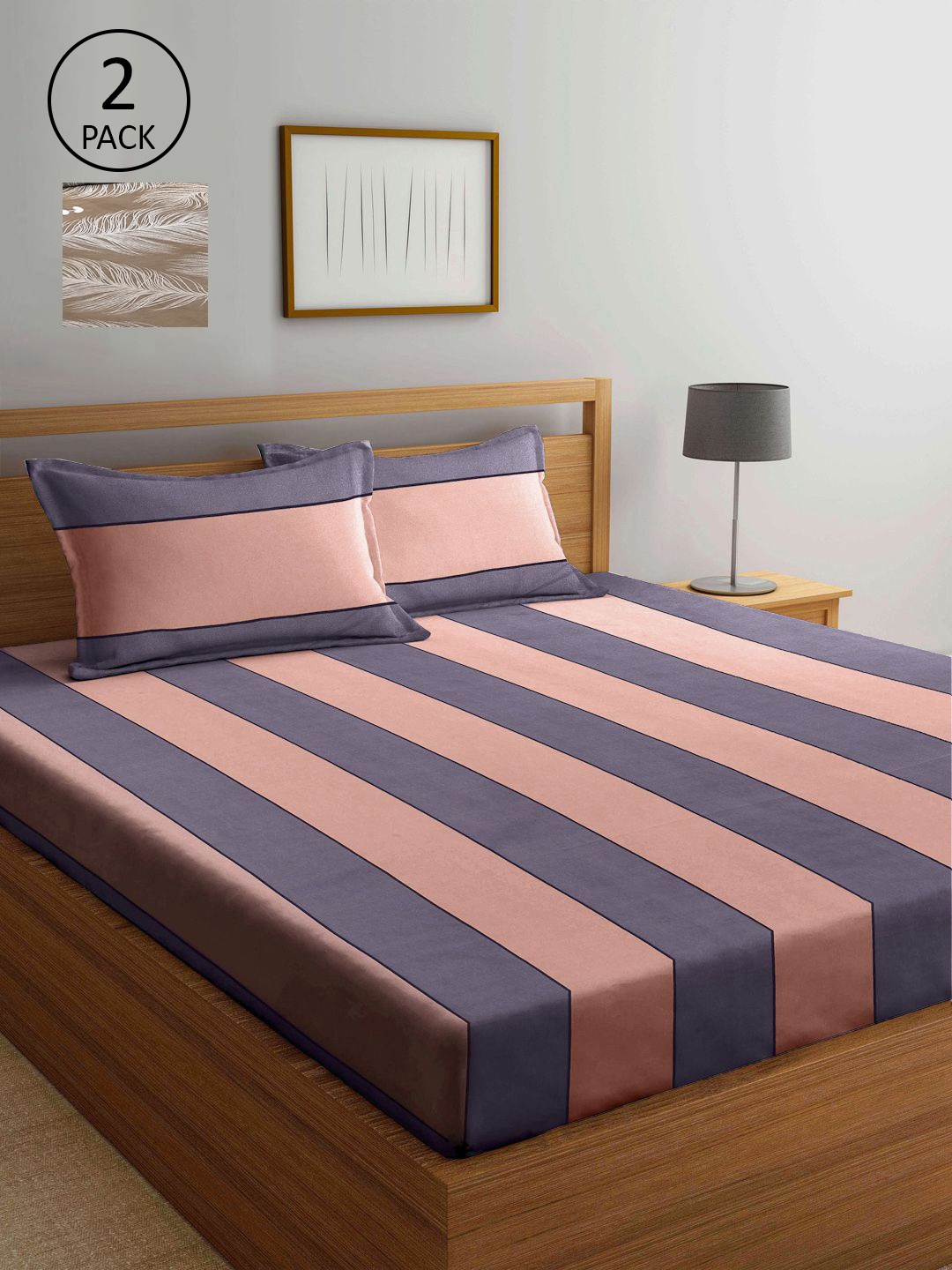 

KLOTTHE Multi Color Striped 210 TC 2 King Bedsheets with 4 Pillow Covers