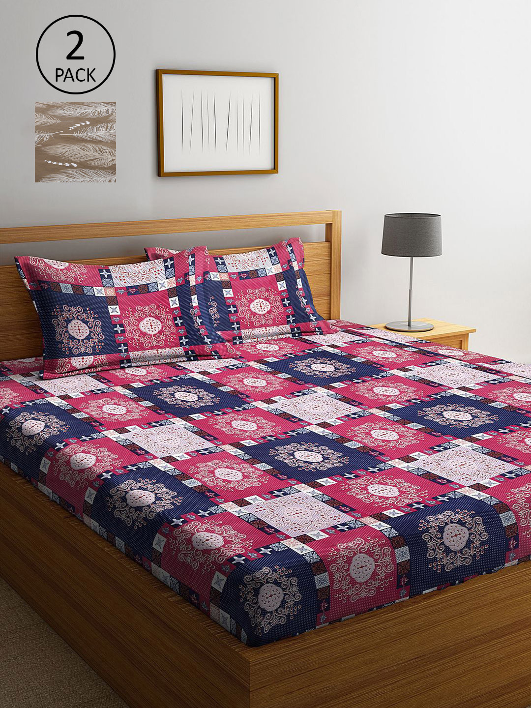 

KLOTTHE Blue & Pink Geometric 210 TC 2 King Bedsheet with 4 Pillow Covers