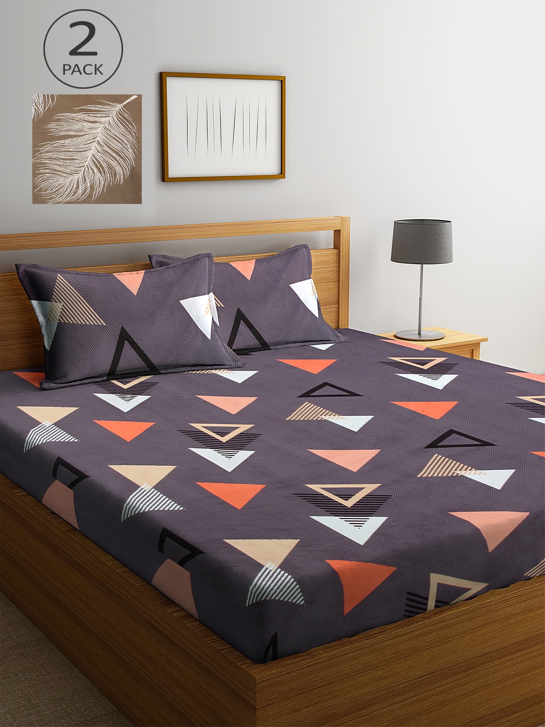 

KLOTTHE Grey & Tan Geometric 210 TC 2 King Bedsheet with 4 Pillow Covers