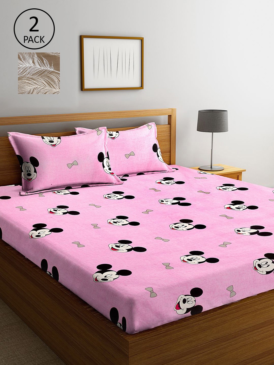 

KLOTTHE Set Of 2 Pink & Grey Cartoon Characters 210 TC King Bedsheet with 4 Pillow Covers