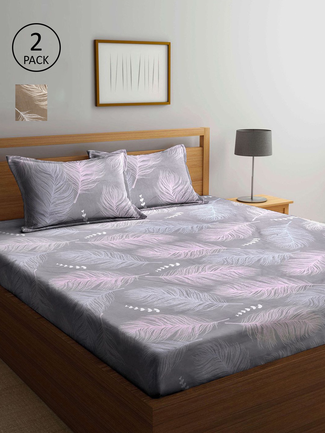 

KLOTTHE Grey & Brown Floral 210 TC 2 King Bedsheet with 4 Pillow Covers