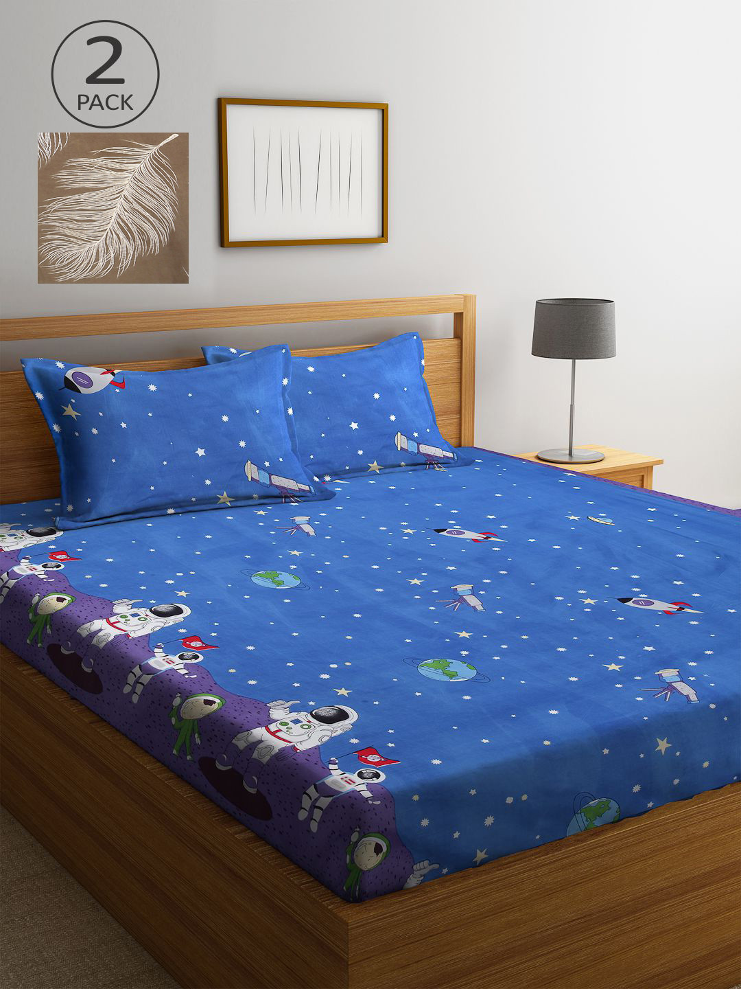 

KLOTTHE Blue & Tan Floral 210 TC 2 King Bedsheet with 4 Pillow Covers