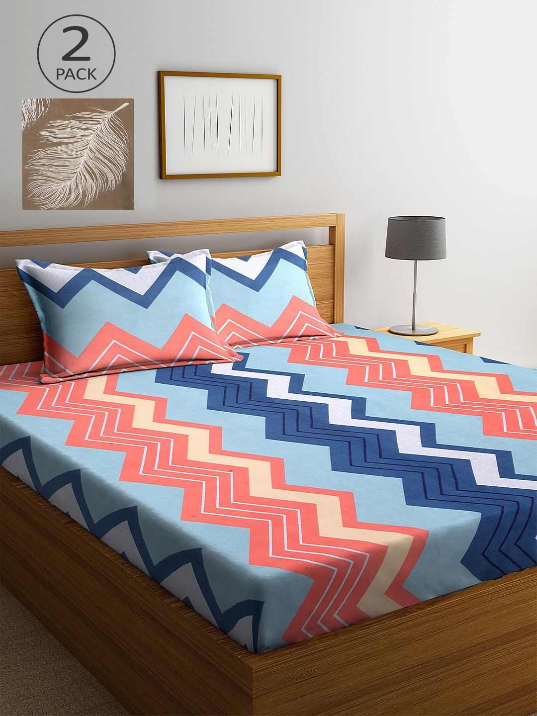 

KLOTTHE Set Of 2 Peach-Coloured & Blue Geometric 210 TC King Bedsheet with 4 Pillow Covers