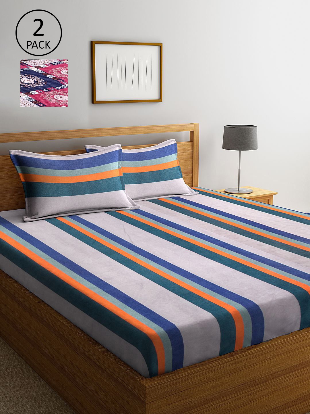 

KLOTTHE Blue & Orange Striped 210 TC 2 King Bedsheet with 4 Pillow Covers