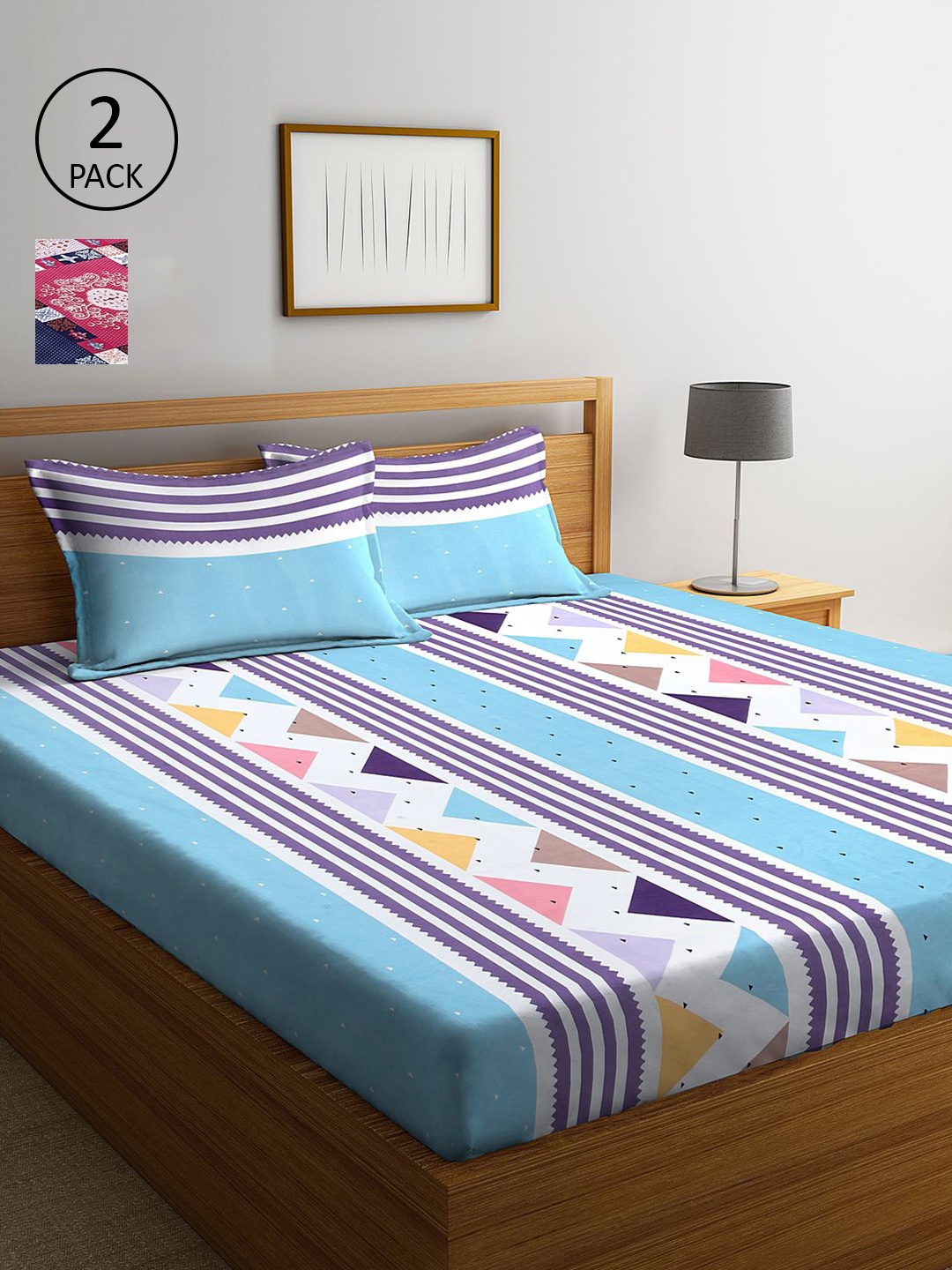 

KLOTTHE Blue & Pink Geometric 210 TC 2 King Bedsheet with 4 Pillow Covers