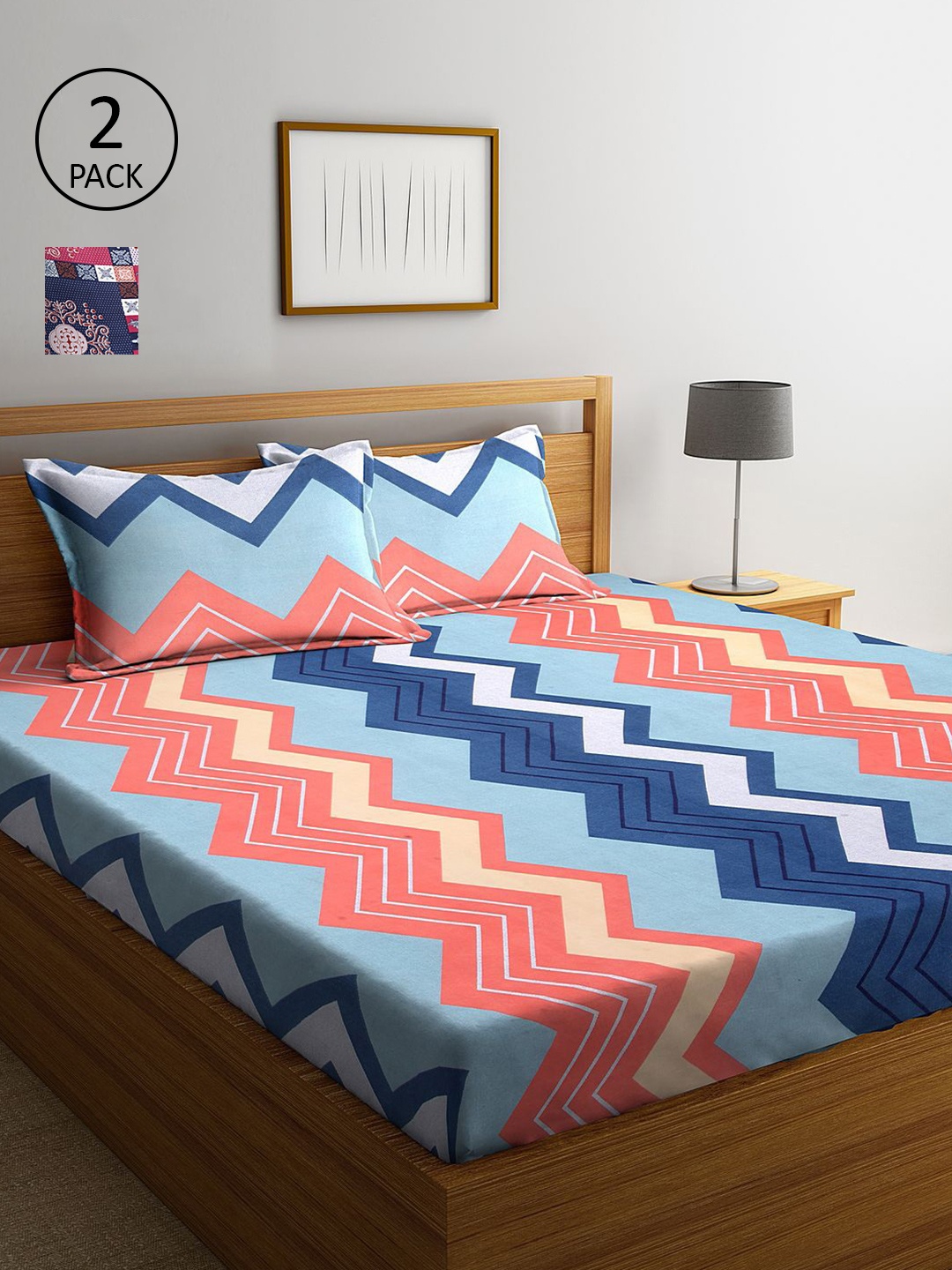 

KLOTTHE Blue & Peach-Coloured Geometric 210 TC 2 King Bedsheet with 4 Pillow Covers