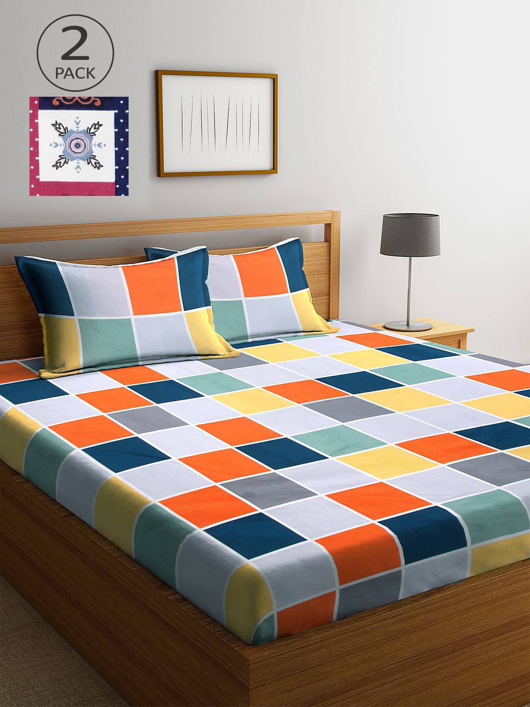

KLOTTHE Grey & Navy Blue Geometric 210 TC 2 King Bedsheets with 4 Pillow Covers