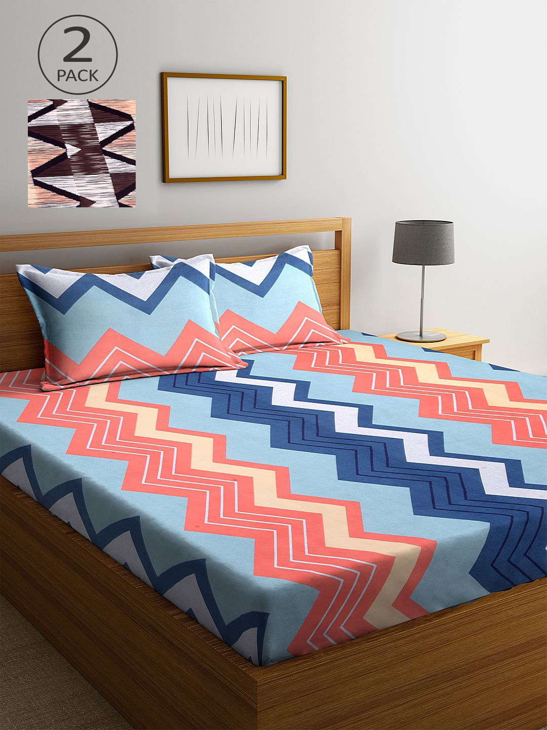 

KLOTTHE Blue & Brown Geometric 210 TC 2 King Bedsheet with 4 Pillow Covers