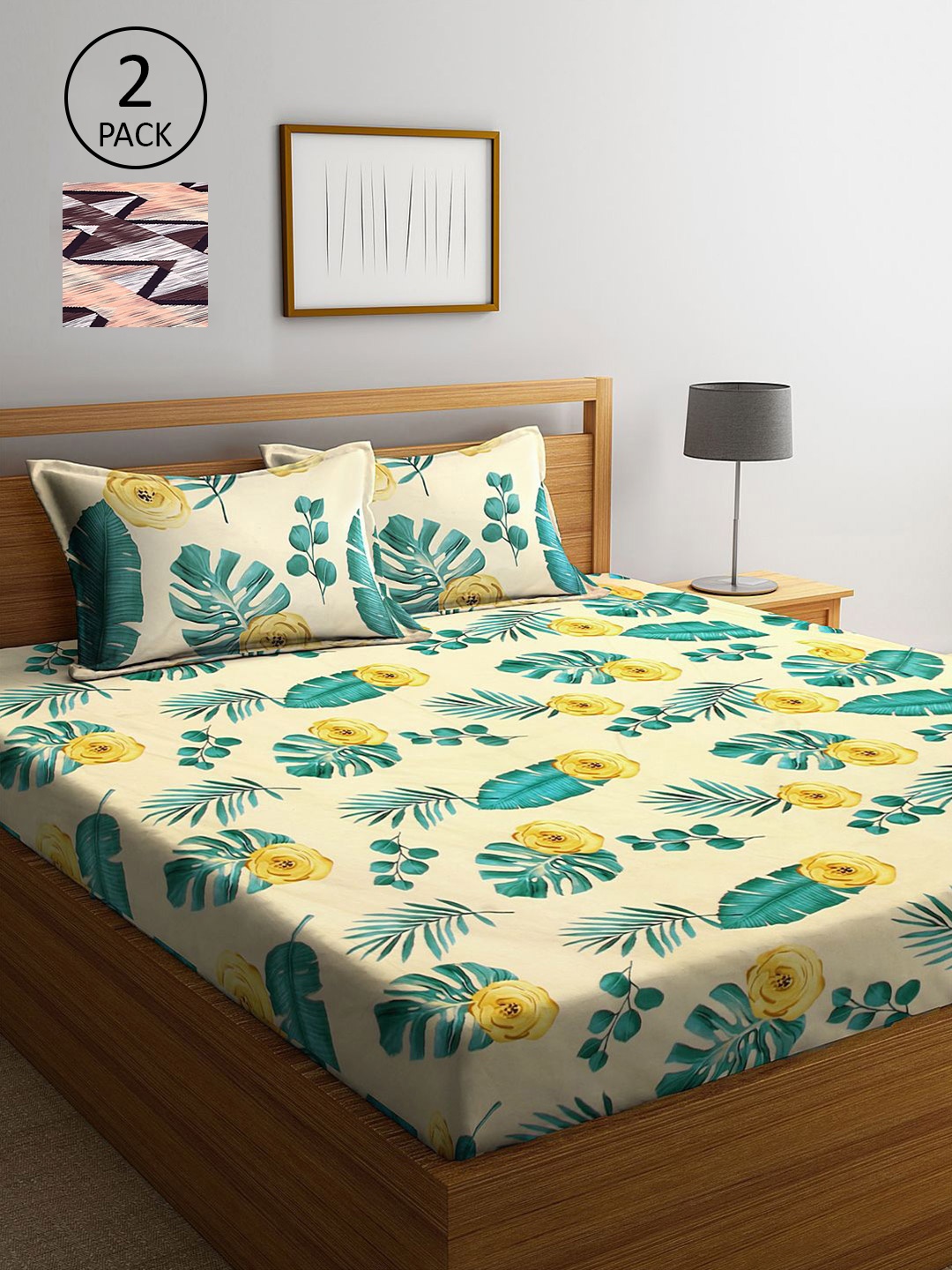 

KLOTTHE Green & Cream-Coloured Floral 210 TC 2 King Bedsheet with 4 Pillow Covers