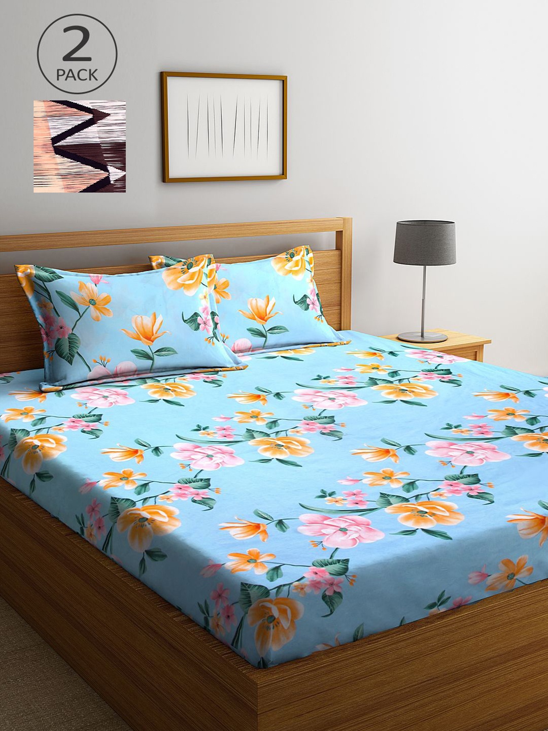 

KLOTTHE Turquoise Blue & Multicoloured 210 TC Set Of 2 King Bedsheet with 4 Pillow Covers