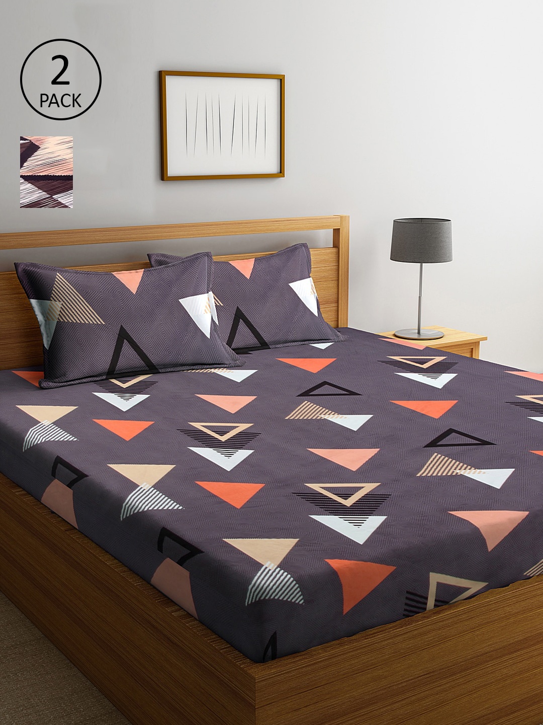 

KLOTTHE Grey & Brown Geometric 210 TC 2 King Bedsheet with 4 Pillow Covers