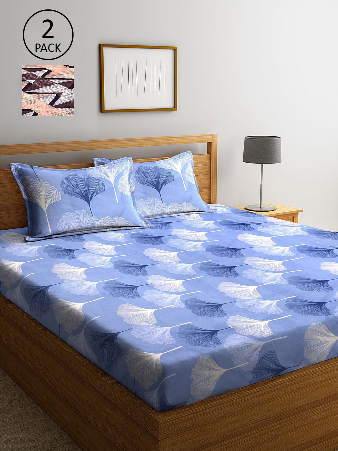 

KLOTTHE Set Of 2 Blue & Peach-Coloured Floral 210 TC King Bedsheet with 4 Pillow Covers