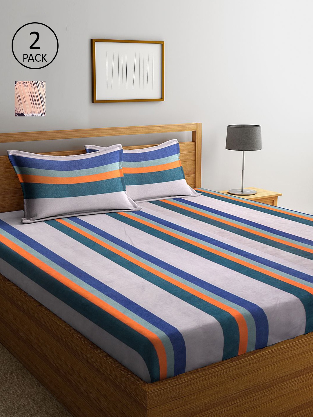 

KLOTTHE Multi Color Striped 210 TC 2 King Bedsheets with 4 Pillow Covers