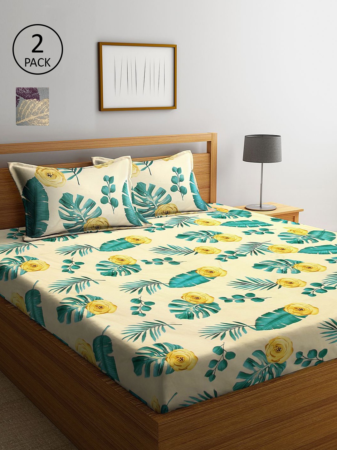 

KLOTTHE Cream & Green Floral 210 TC 2 King Bedsheet with 4 Pillow Covers