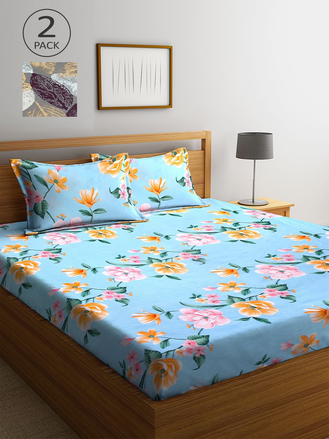 

KLOTTHE Blue & Grey Floral 210 TC 2 King Bedsheet with 4 Pillow Covers