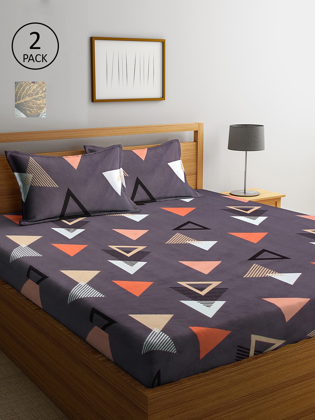 

KLOTTHE Grey & Brown Geometric 210 TC 2 King Bedsheet with 4 Pillow Covers