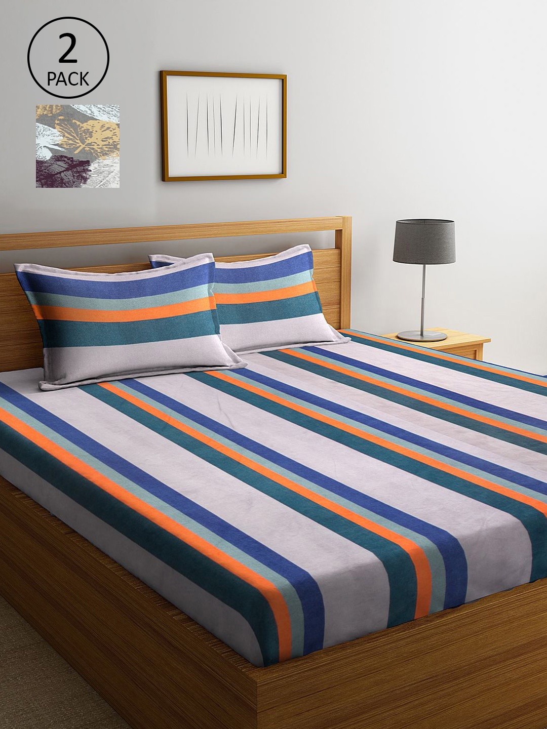 

KLOTTHE Multicoloured Striped 210 TC Set Of 2 King Bedsheet with 4 Pillow Covers, Multi