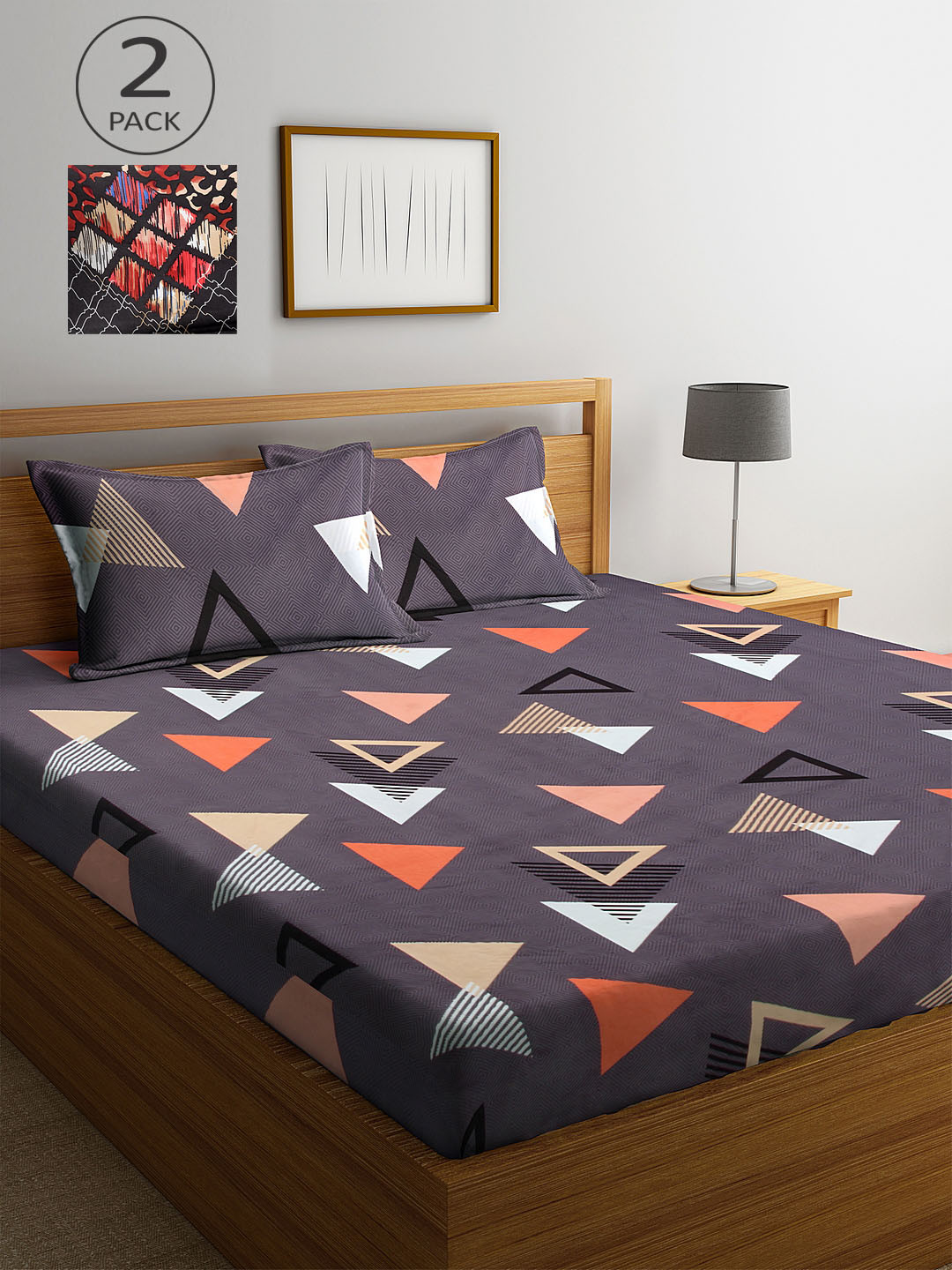 

KLOTTHE Grey & Brown Geometric 210 TC 2 King Bedsheets with 4 Pillow Covers