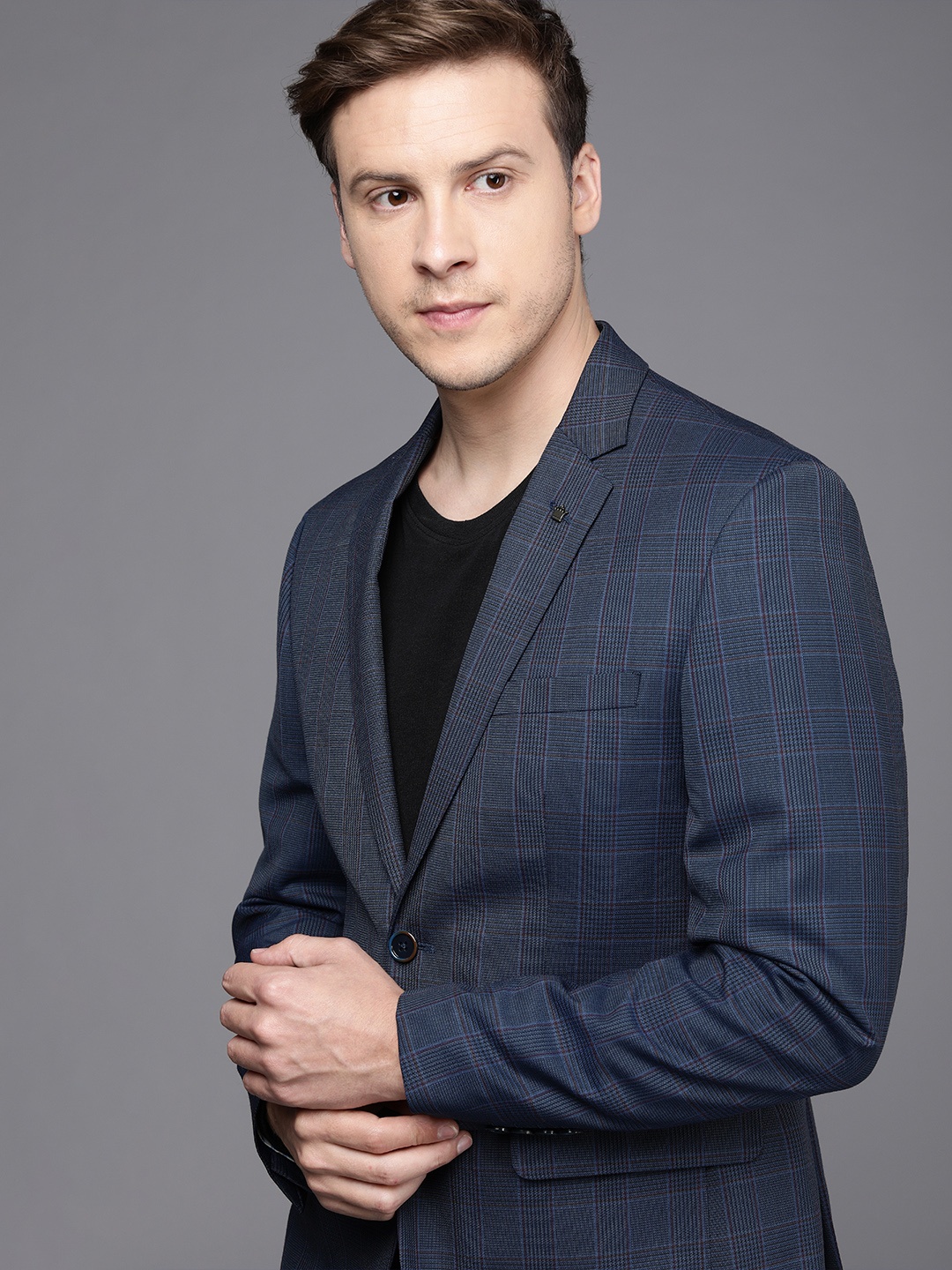 

Louis Philippe Men Blue Checks Slim Fit Single-Breasted Formal Blazer