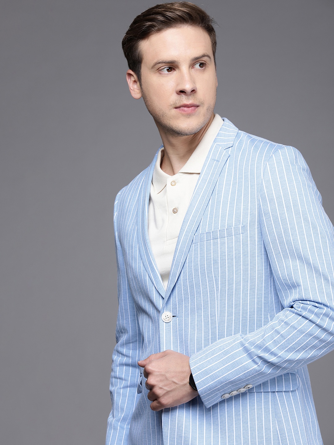 

Louis Philippe Sport Men Blue & White Striped Super Slim Fit Single-Breasted Blazer