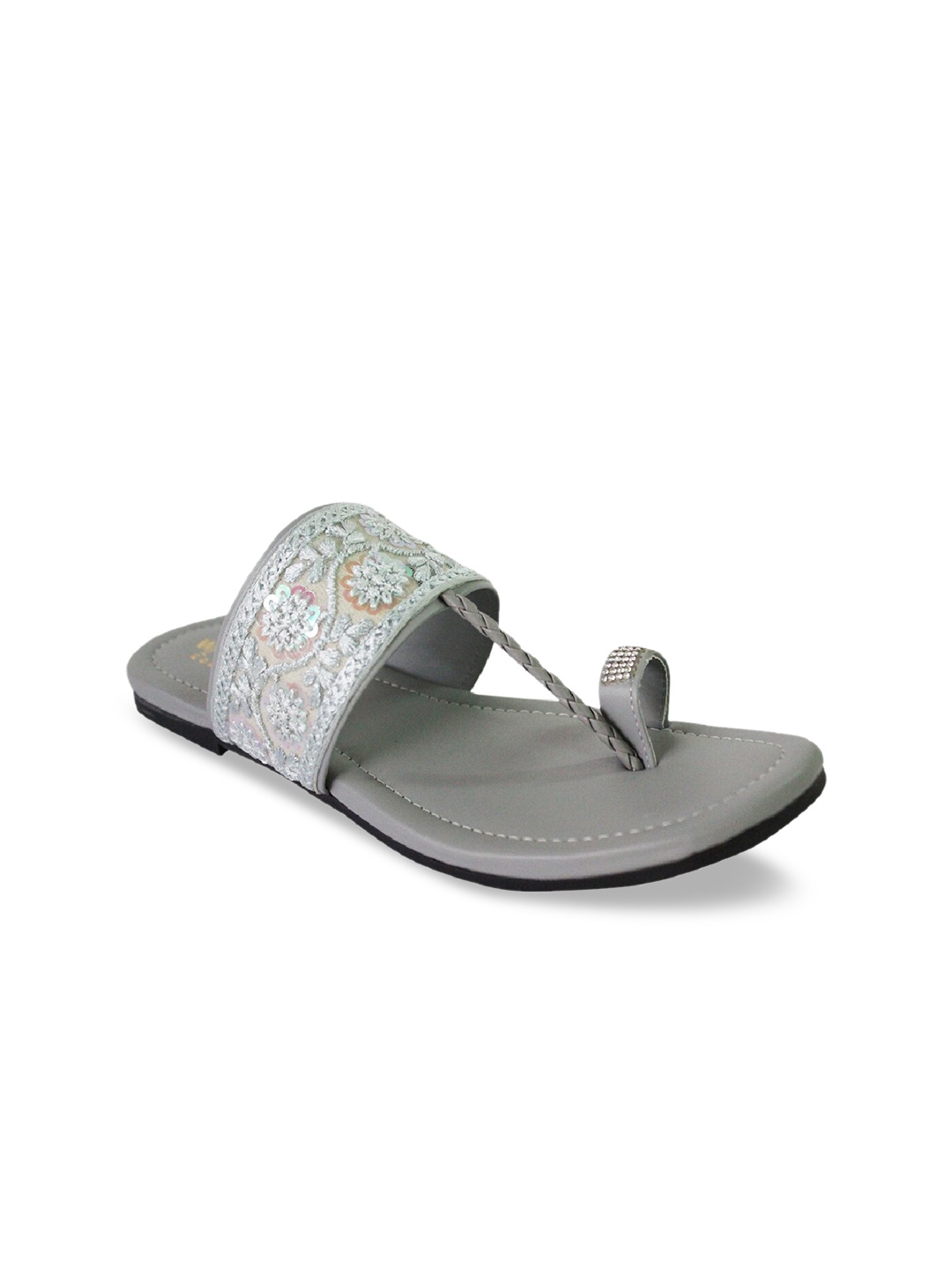 

WALK N STYLE COLLECTION Women Grey Printed Leather Ethnic One Toe Flats with Bows