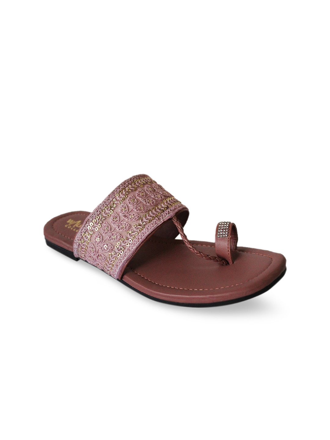 

WALK N STYLE COLLECTION Women Bronze-Toned Embroidered Embellished Ethnic One Toe Flats