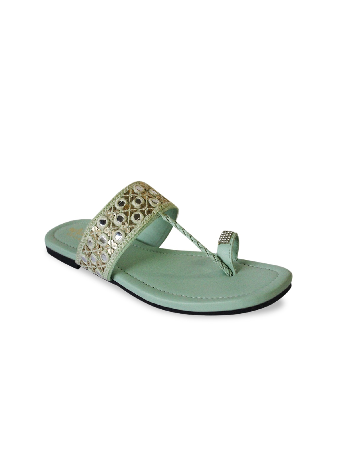 

WALK N STYLE COLLECTION Women Green Embellished Ethnic T-Strap Flats