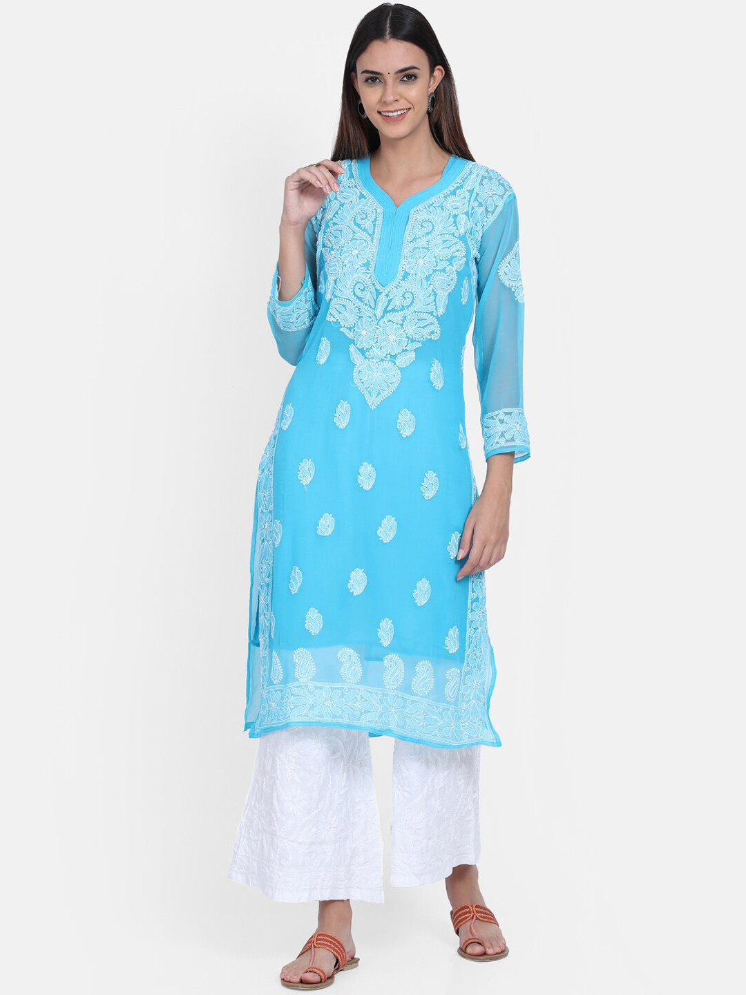 

PARAMOUNT CHIKAN Women Turquoise Blue Embroidered Chikankari Georgette Kurta