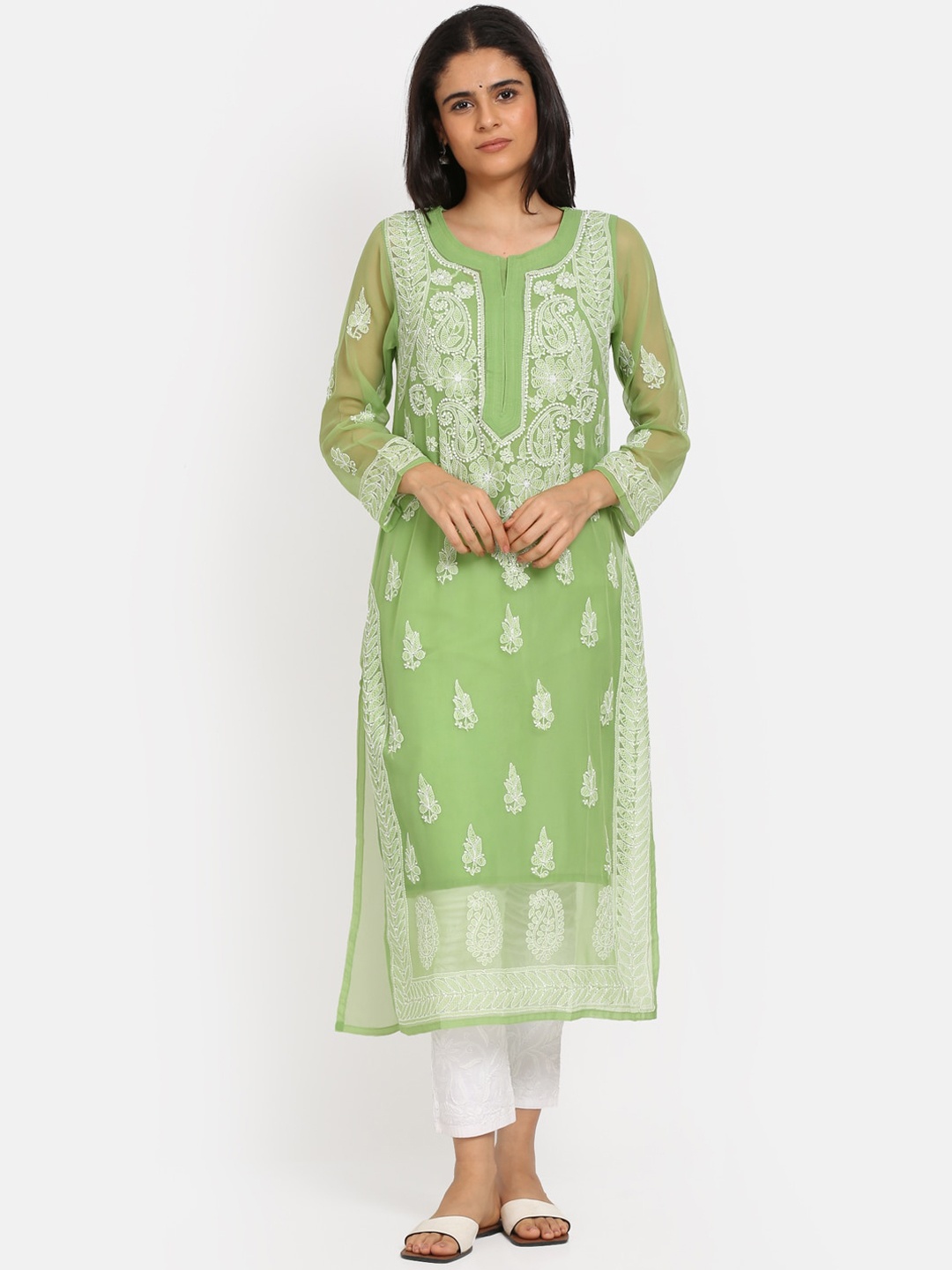 

PARAMOUNT CHIKAN Women Green & White Paisley Embroidered Flared Sleeves Chikankari Georgette Kurta