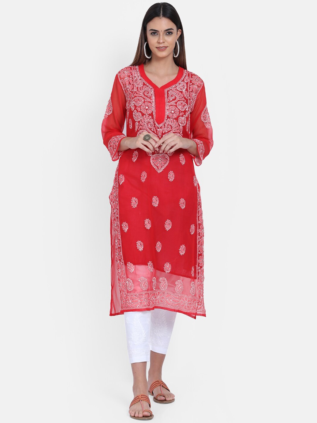 

PARAMOUNT CHIKAN Women Red & White Embroidered Chikankari Georgette Kurta