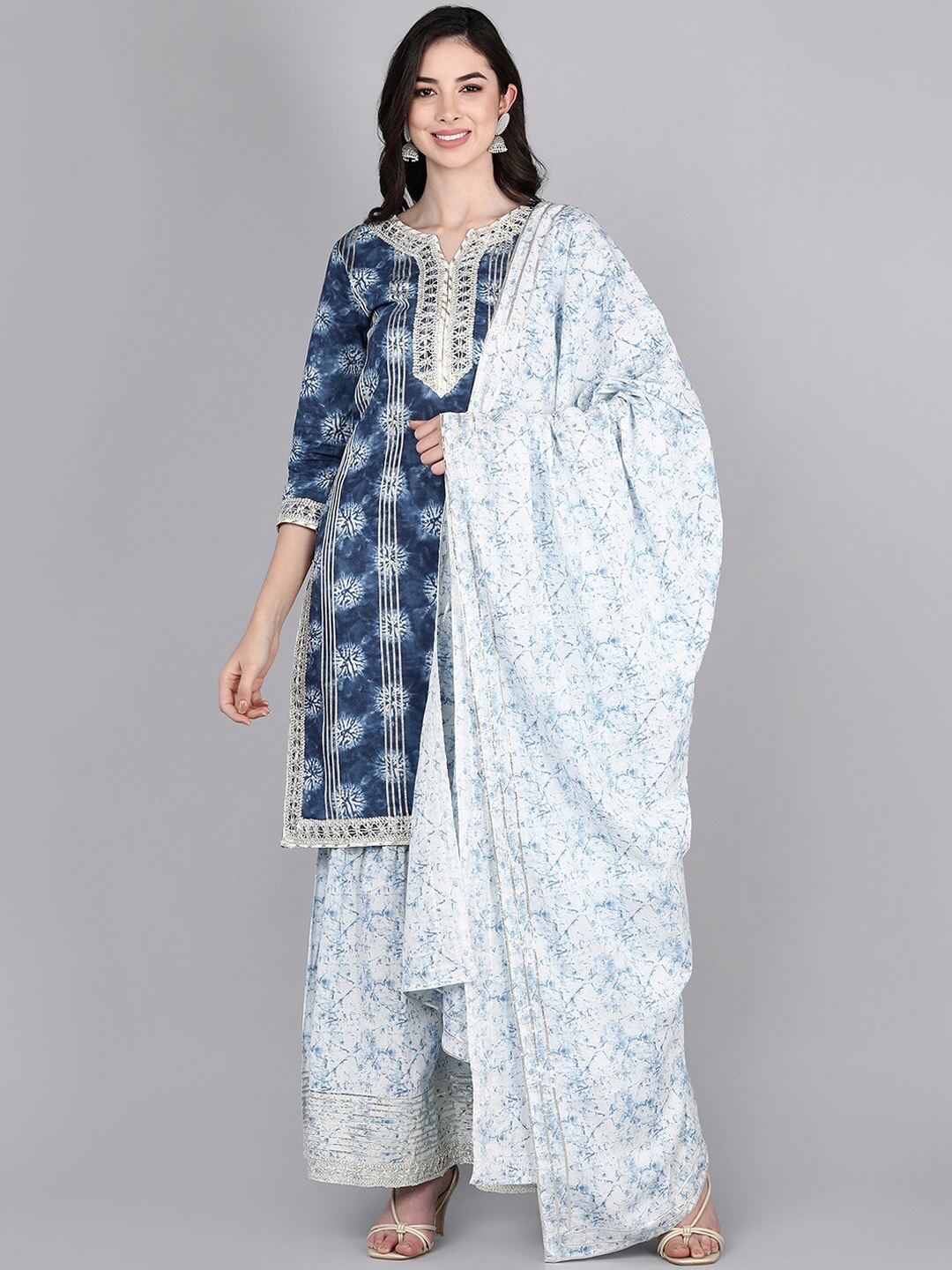 

AHIKA Women Blue Dyed Gotta Patti Pure Cotton Kurta with Palazzos & With Dupatta