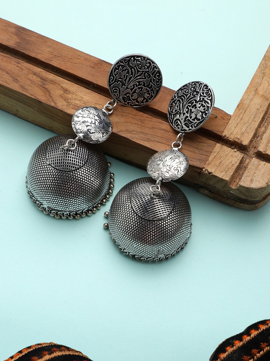 

Mali Fionna Silver-Toned Oxidised Contemporary Drop Earrings