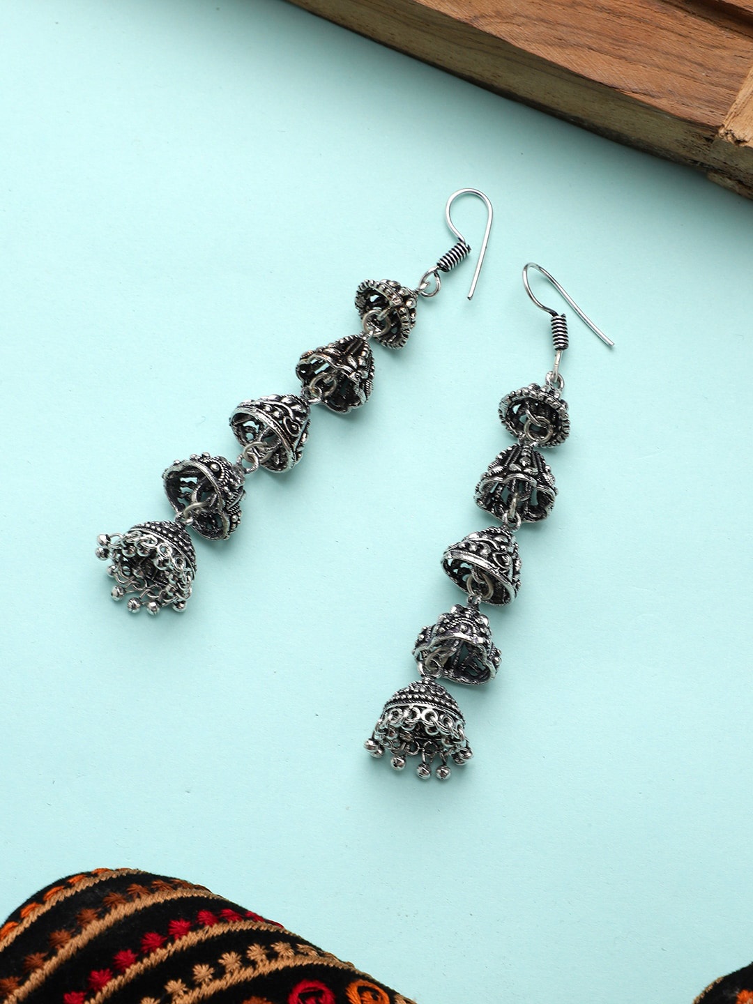 

Mali Fionna Silver-Toned Oxidised Contemporary Jhumkas Earrings